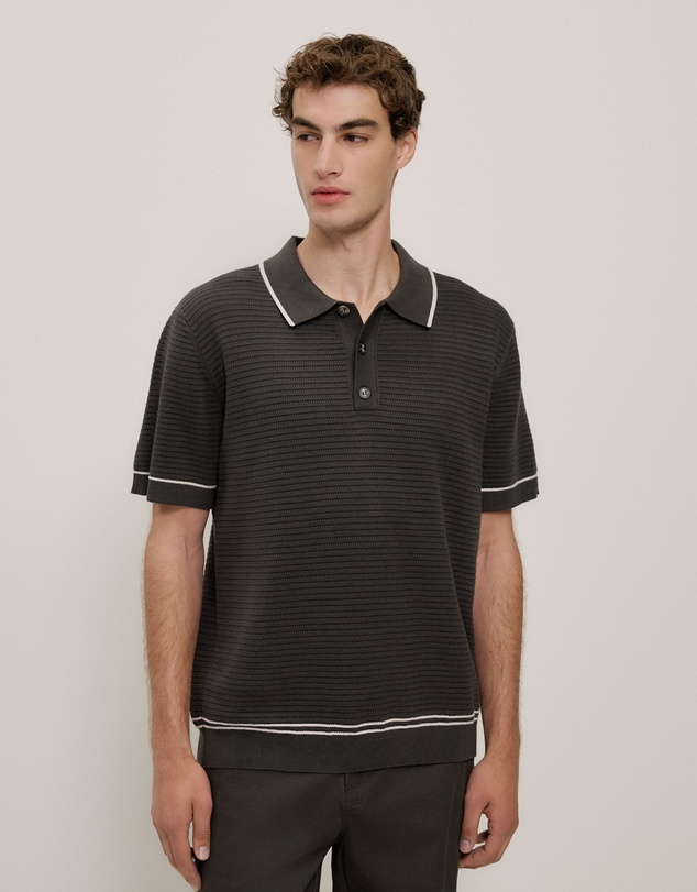 Trenery - Textured Cotton Tipped Knit Polo in Dark Olive