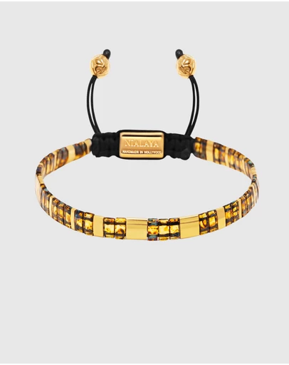 Nialaya Jewellery - Men's Bracelet With Marbled Amber And Gold Miyuki Tila Beads