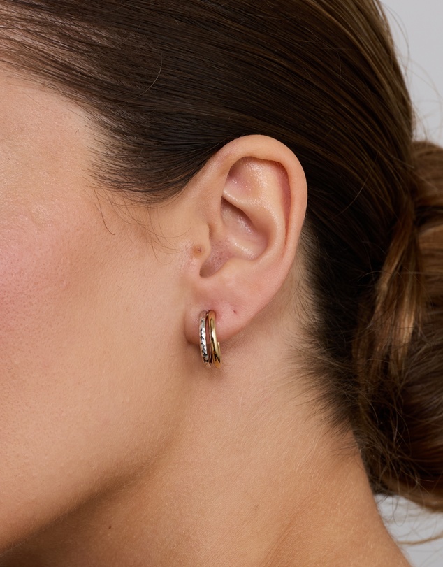Michael Hill - Two-Tone Double Half Hoop Hammered Finish Stud Earrings in 10kt White and Yellow Gold