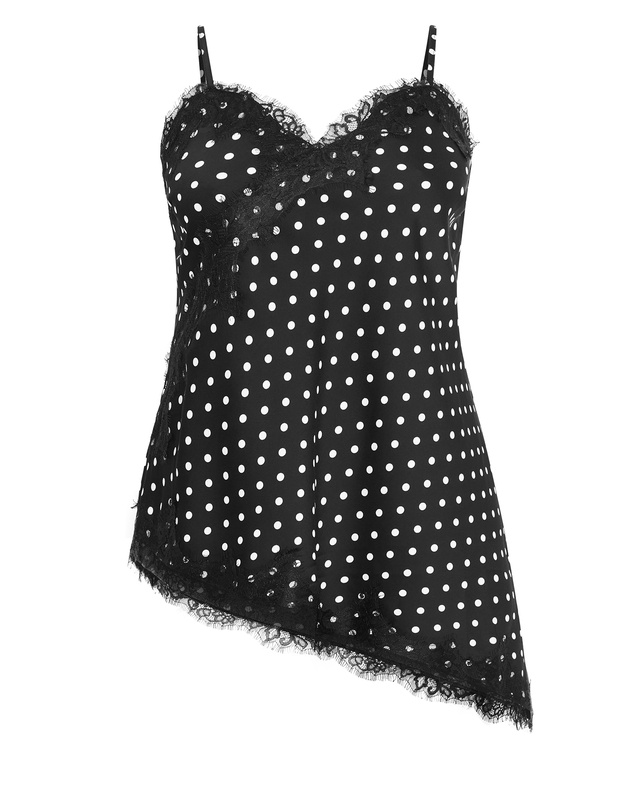 City Chic - Plus size Lace Spot Print Asymmetrical Satin Cami - black