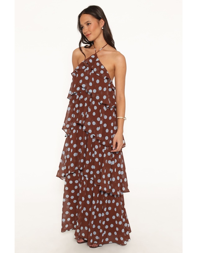 Petal & Pup - Chasity Halterneck Maxi Dress - Brown Polka Dot