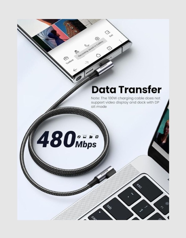 Ugreen - UGREEN 90 Degree Angle USB-C to 90 Degree Angle USB-C Braided Cable 1m