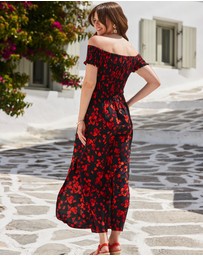 Sosandar - Floral Print Shirred Body Bardot Maxi Dress