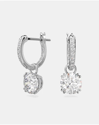 Swarovski - Stilla drop earrings, Round cut, White, Rhodium plated