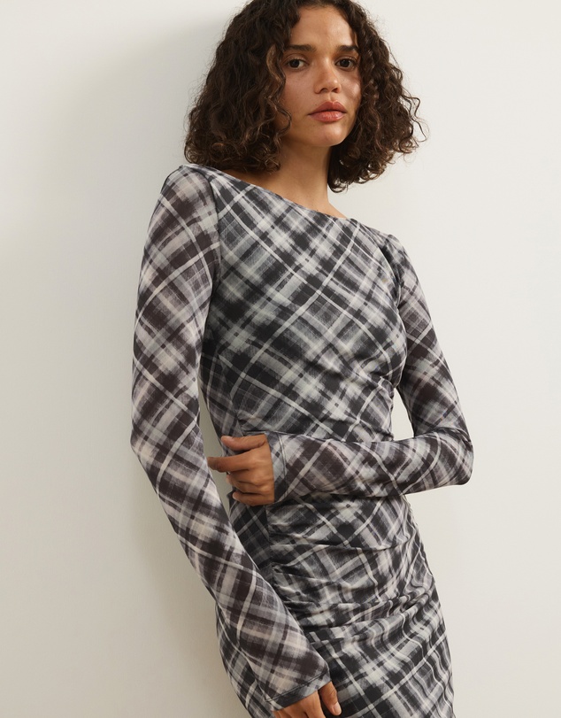 Atmos&Here - Ada Check Printed Mesh Long Sleeve Dress