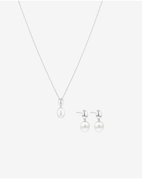 Michael Hill - Oval Cultured Freshwater Pearl Dome Drop Stud Earrings and Pendant Necklace Set in Sterling Silver