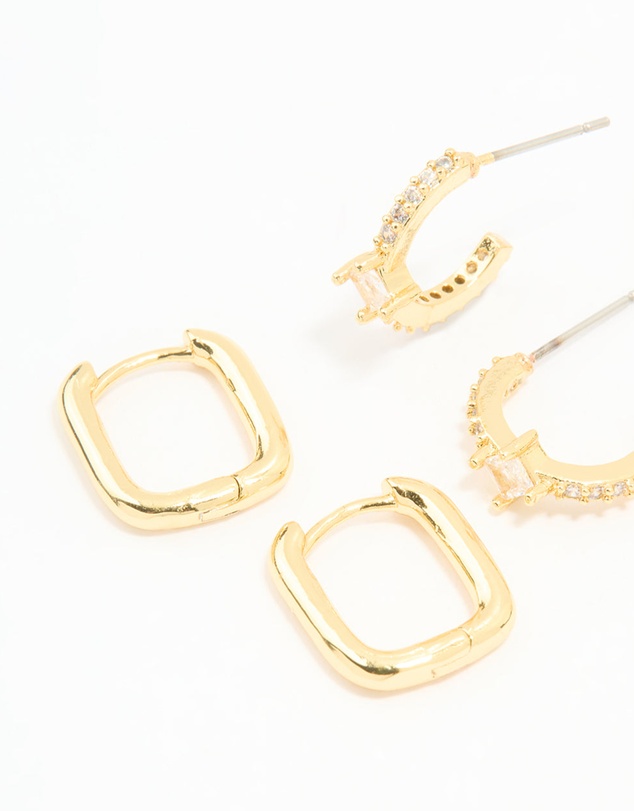 Lovisa - Gold Plated Brass Cubic Zirconia & Plain Rectangle Earrings 4-Pack