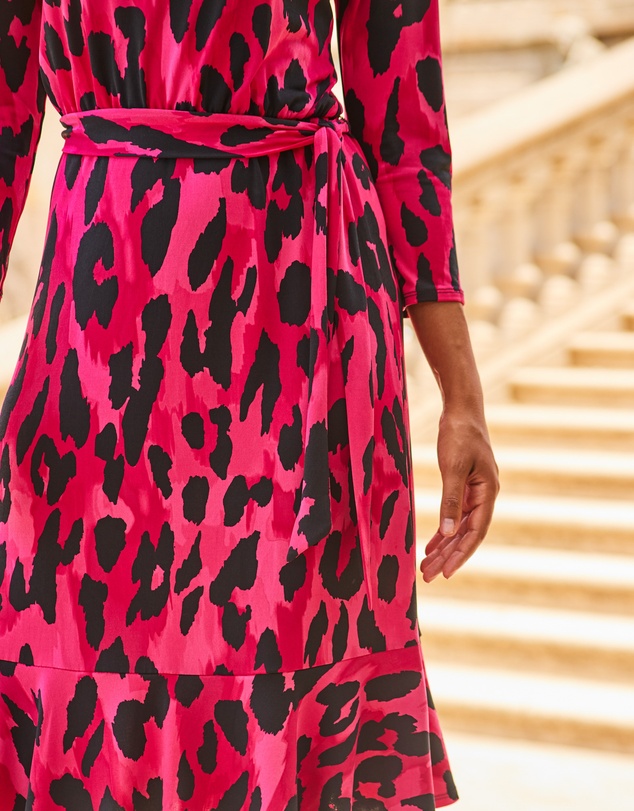 Sosandar - ANIMAL PRINT JERSEY RUFFLE HEM BELTED DRESS