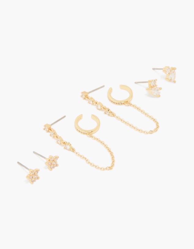 Lovisa - Gold Plated Brass Cubic Zirconia Stud & Chain Earrings 3-Pack
