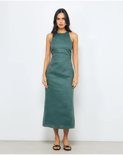 AERE - Elow Ruched Linen Midi Dress