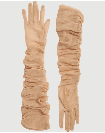 High Heel Jungle - Ariana Ruched Mesh Opera Glove - Tan