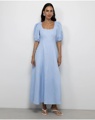 AERE - Portia Linen Puff Sleeve Midi Dress