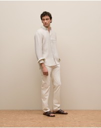 Trenery - Regular Fit Linen Micro Check Long Sleeve Shirt in Stone