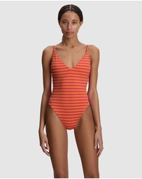 Polo Ralph Lauren - Stripe Cable-Motif V Neck One-Piece Swimsuit