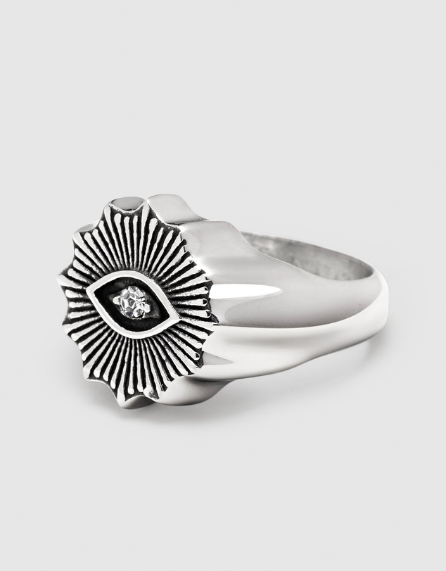Nialaya Jewellery - Men's Vintage Evil Eye Ring with Clear Crystal