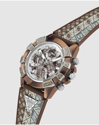 GUESS - ICONIC 40TH Logo 39mm Silver-Tone Case Brown Silicone Strap