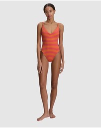 Polo Ralph Lauren - Stripe Cable-Motif V Neck One-Piece Swimsuit