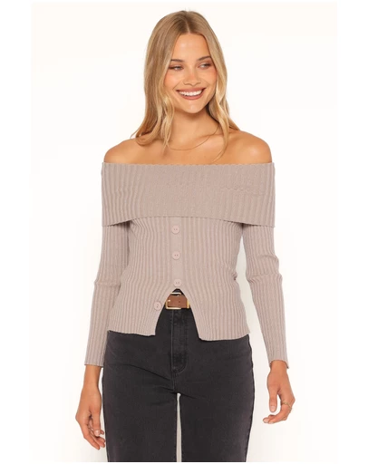 Petal & Pup - Lulla Ribbed Off Shoulder Top - Taupe