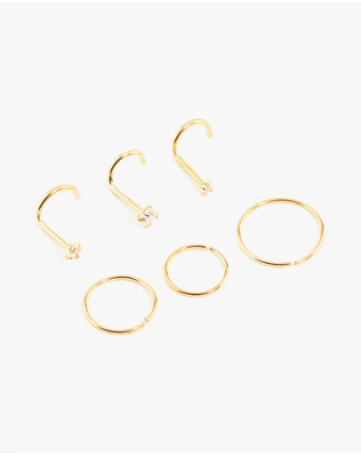 Lovisa - Gold Plated Surgical Steel Cubic Zirconia Nose Stud & Rings 6-Pack
