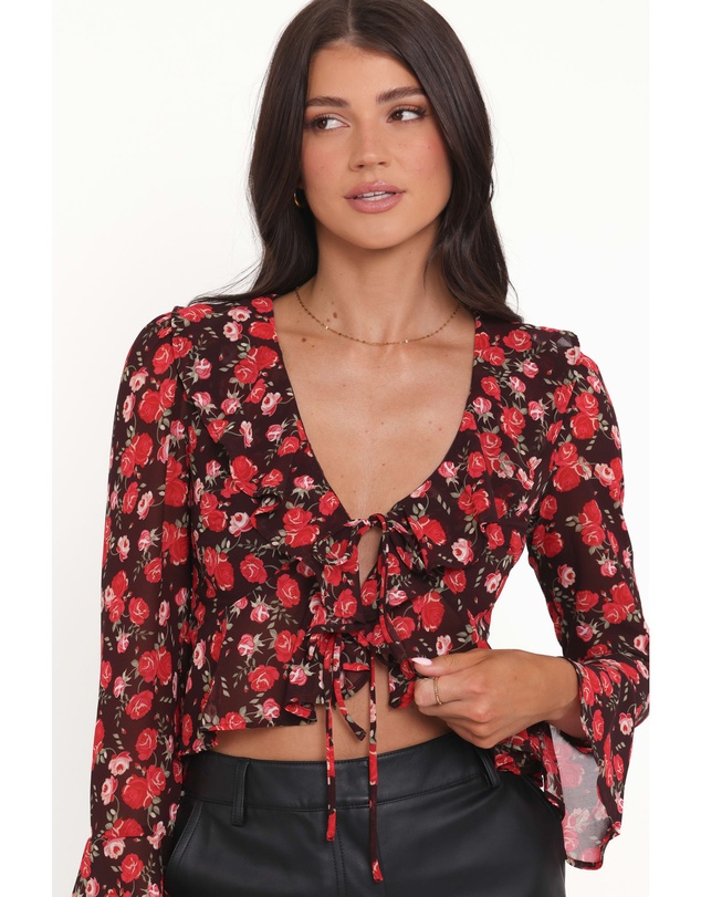 Petal & Pup - Aveline Chiffon Ruffle Front Top - Brown Floral