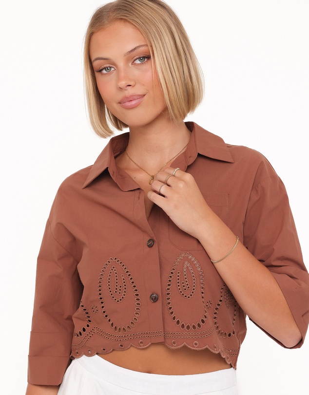 Petal & Pup - Williams Cropped Eyelet Button Up Shirt - Brown