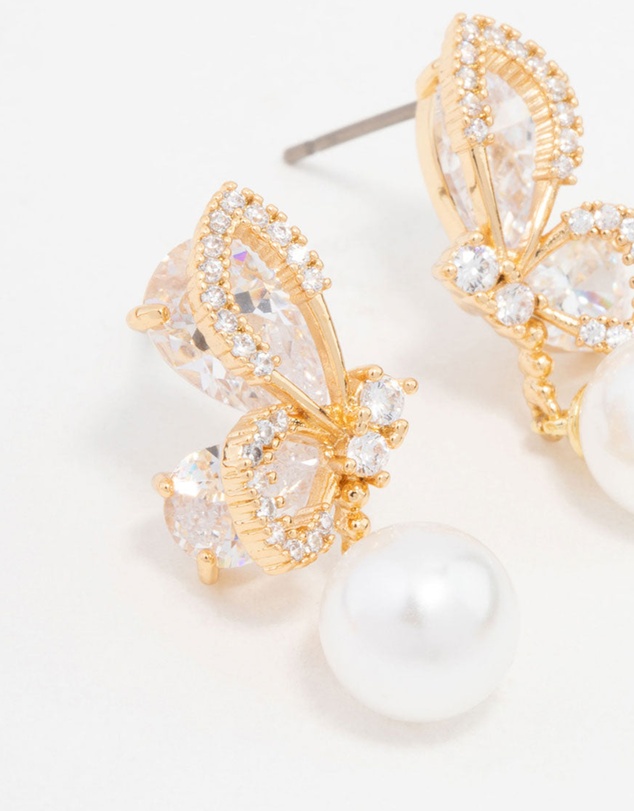 Lovisa - Gold Plated Cubic Zirconia Butterfly Pearl Drop Earrings