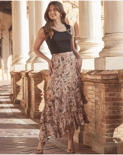 Sosandar - Animal Print Ruffle Hem Midi Skirt