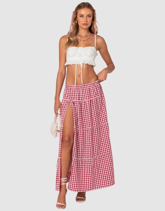 EDIKTED - Gingham Side Slit Tiered Maxi Skirt