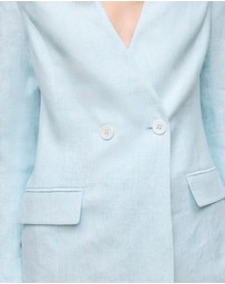 Trenery - Linen Collarless V Neck Blazer in Pastel Blue