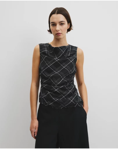 Country Road - Organically Grown Linen Check Ruched Linen Tank