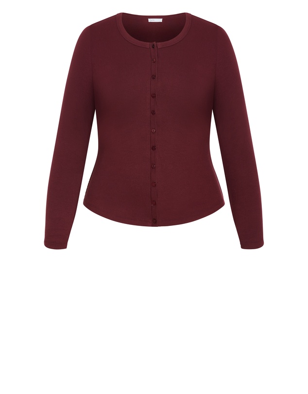 City Chic - Plus size Button Through Knit Top - berry