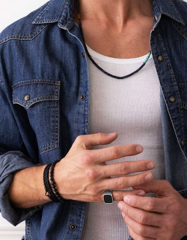 Nialaya Jewellery - Men's Silver Signet Ring with Onyx