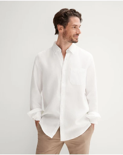 Trenery - Regular Fit Linen Piece Dyed Long Sleeve Shirt in White