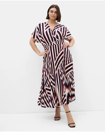 City Chic - Plus size Eloisa Timeless Stripe Pleat Dress - bone