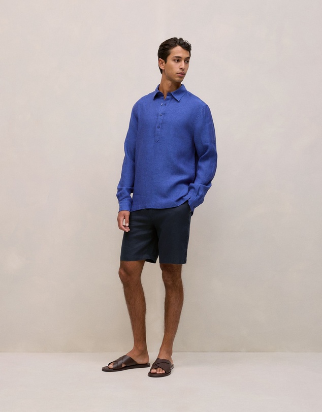 Trenery - Linen End On End Half Placket Shirt in Vivid Blue