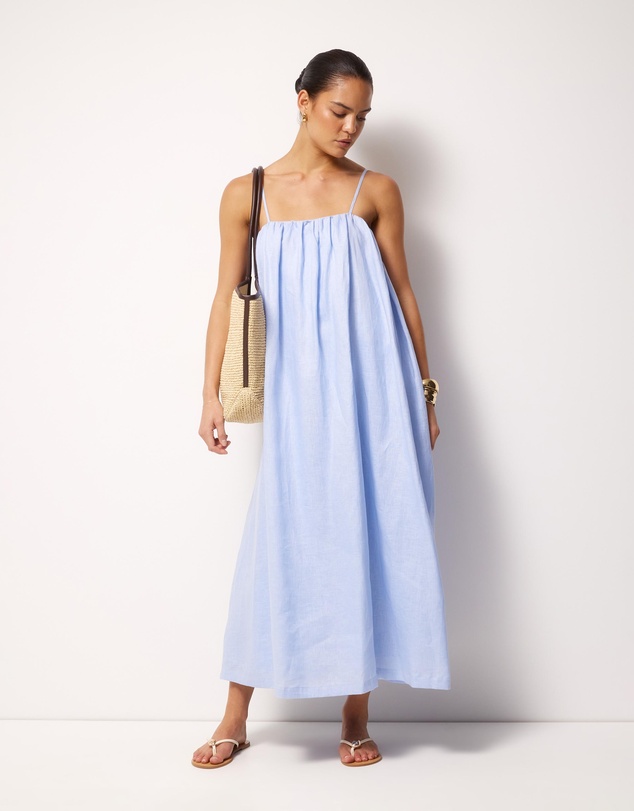 AERE - Liv Linen Gathered Neckline Midi Dress