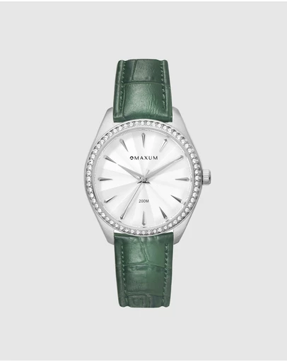 Maxum - Sydney - White Dial, Silver Tone Case & Green Leather Band