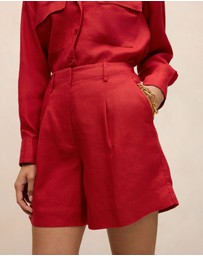 Trenery - Linen Tailored Short in Cherry Red