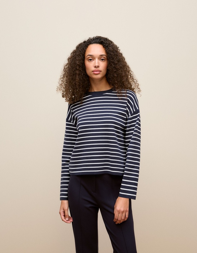 Trenery - Cotton Crepe Stripe Knit Crew in Night Sky