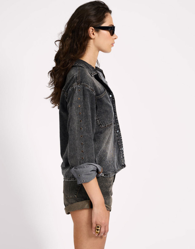 ONE TEASPOON - Nixie Eyelet Classic Fit Denim Shirt - Charcoal Black