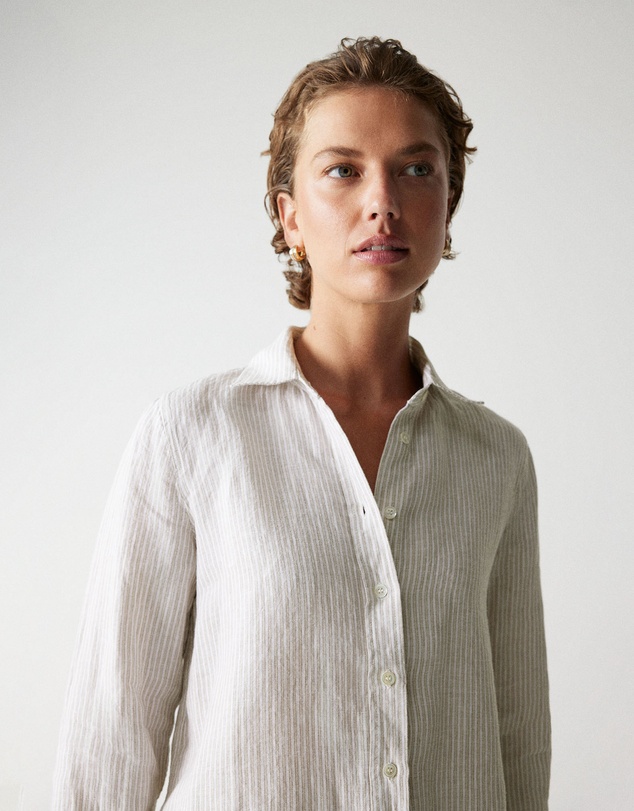 Trenery - Yarn Dyed Linen Stripe Classic Shirt in Flax