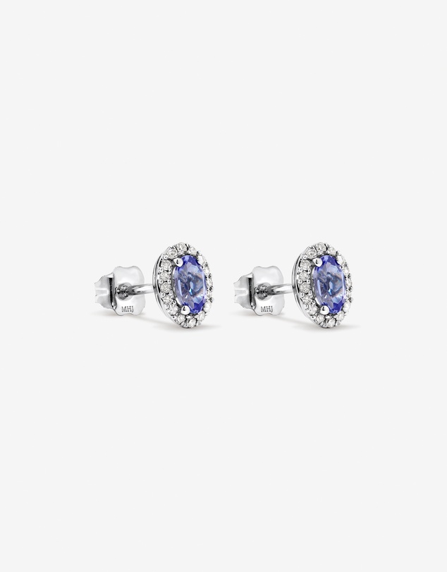 Michael Hill - Oval Cut Blue Tanzanite Gemstone and 0.12 Carat TW Diamond Halo Stud Earrings in 10kt White Gold