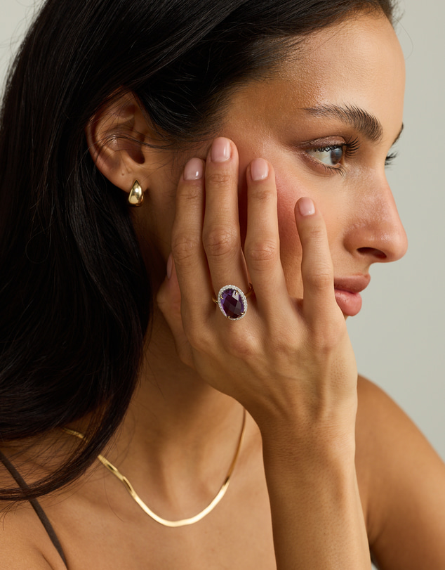 Michael Hill - Oval Amethyst & 0.35 Carat TW Diamond Halo Ring in 10kt Yellow Gold with Rhodium