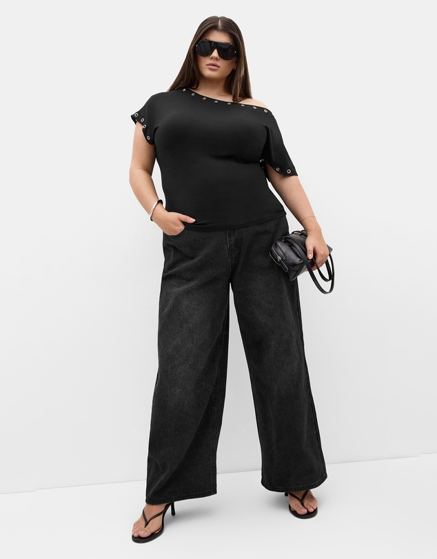 City Chic - Plus size Eyelet Off Shoulder Top - black