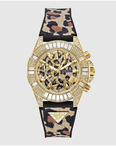 GUESS - ICONIC 40TH Animal 39mm Gold-Tone Case Black Silicone Strap