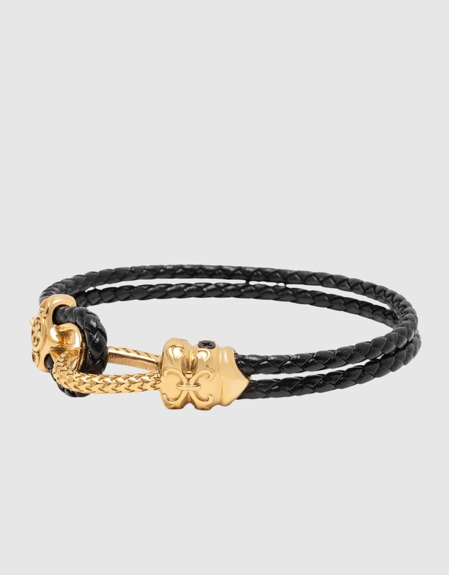 Nialaya Jewellery - Black Leather Bracelet with Gold Rope Clasp