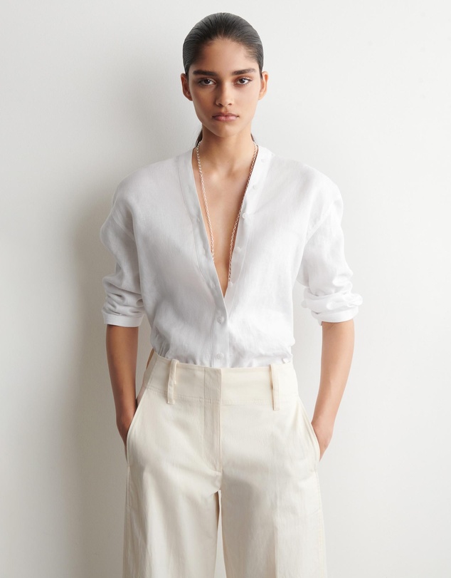 COS - Button-Detail Linen V-Neck Shirt