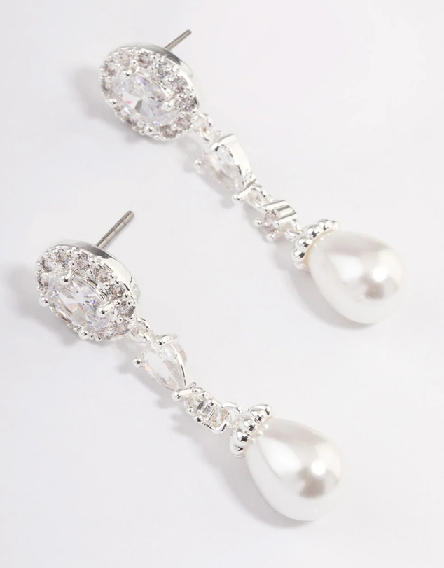 Lovisa - Silver Plated Cubic Zirconia Halo Pearl Drop Earrings