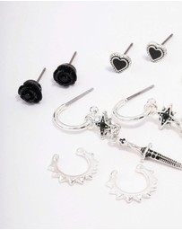 Lovisa - Silver Mixed Heart & Rose Earring 5-Pack