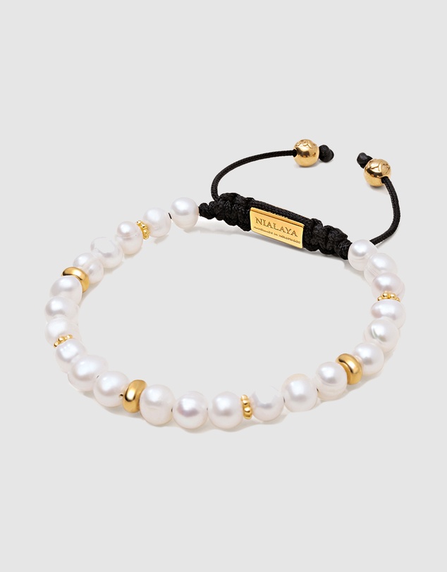 Nialaya Jewellery - Men's Beaded Bracelet with Pearl and Gold